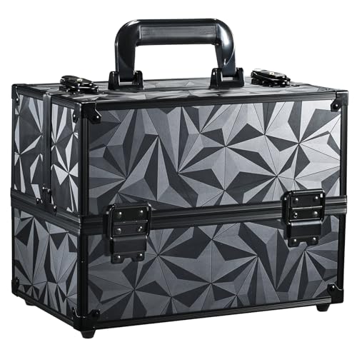 FRENESSA Makeup Train Case Makeup Case 11.8 Inch Large Cosmetic Box Organizer Travel Storage Professional Make Up Train Carrying Case with 6 Trays Locking Hard Vanity Storage Dark Black