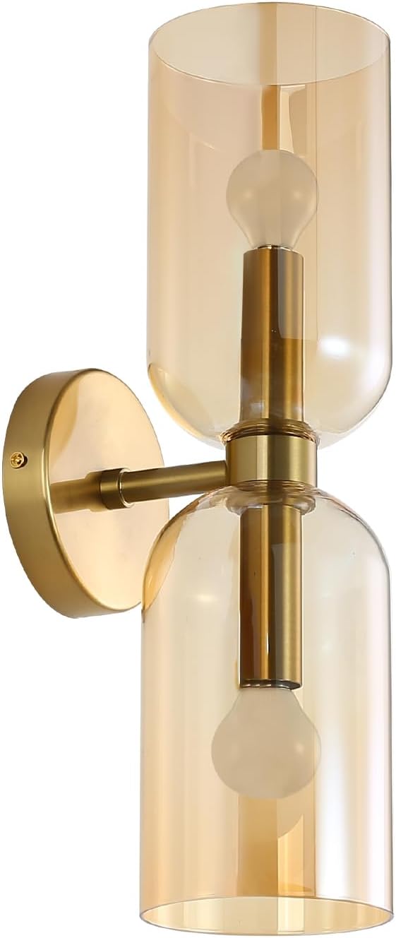 Minimalist 2-Light Gold Wall Sconces with Cylinder Glass Shades- Mid Century Vanity Wall Double Lights Hardwired- Modern Indoor Glass Wall Mounted Art Decor Lights (Amber, 1 Pack)