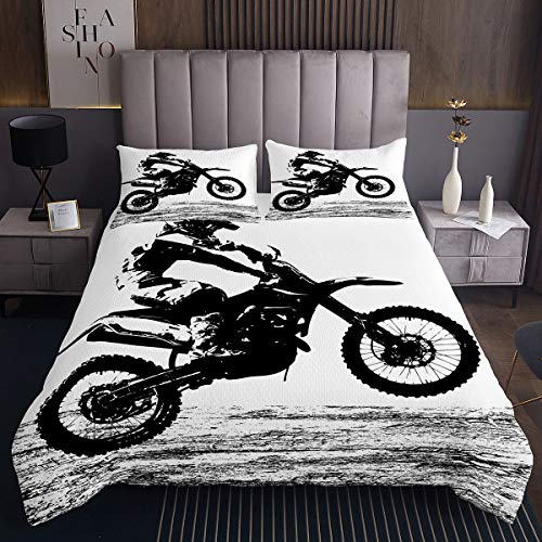 Erosebridal Dirt Bike Bedspread Queen Size,Motocross Racer Bedding Set, Extreme Sports Game Coverlet Set for Kids Boys Girls Teens Adult Bedroom Decor, Racing Motorcycle Quilted Coverlet