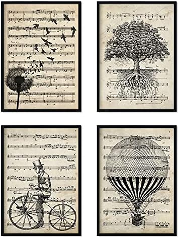 nacnic Prints Ballon, Dandellion, Bicycle & Tree of Life - Set of 4-250g Paper - Beautiful Poster Painting for Home Office Living Room