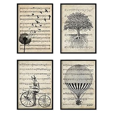 Foto di Nacnic set di 4 Stampe artistiche sfondo VINTAGE con pentagramma musicale. Raffigurazione in primo piano di mongolfiera, dente di leone, albero e bicicletta, con note musicali.