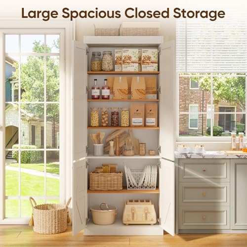 Image of Vyre 70.8 inch Tall White Bookshelf with Doors, Farmhouse Modular Bookcase with 4-Tier Adjustable Shelves, Large Storage Cabinet for Home Office, Living Room