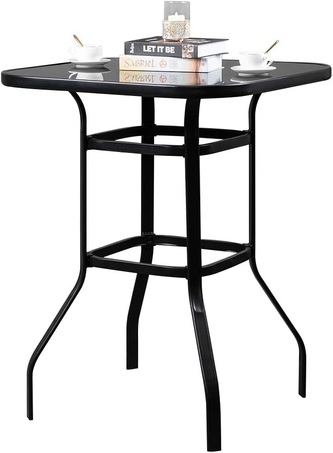 Outdoor Patio Bar Tables Wrought Iron Glass High Bar Table 31.5 Inch Square Steel Frame High Top Bar Table Tempered Glass Desktop Modern Outdoor Bar Table for Home, Patio, Porch, Garden (Black)