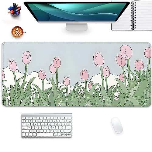 Image of Tulip Flower Mouse Pads,Pink Mouse Pad for Woman,Large Desktop Mat for Keyboard and Mouse,XL Mousepad for Home Work Game(27.5X11.8 in)