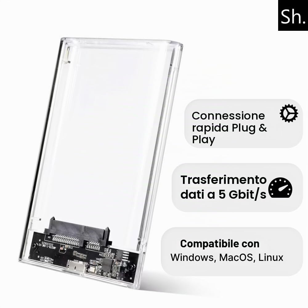 Sh. Case SSD HDD Hard Disk Esterno 2.5" SATA USB 3.0, 5Gbps Supportato UASP, Custodia SSD/HDD Portatile, Box Esterno per Disco Rigido, Adattatore SATA USB 3.0 per Laptop/PC/PS4/Xbox