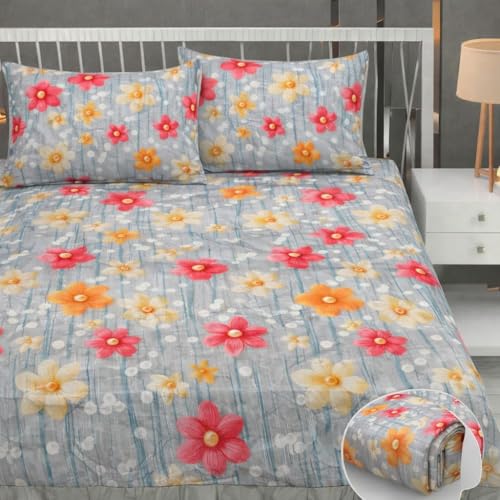 Image of RUMPS 380 TC Premium Heavy Cotton 7D Print Fast Colour Feel Elastic Fitted Floral Bedsheet King Size with 2 Pillow Covers || (Gray Flower, Fitted - 72 inchx78 inch King)