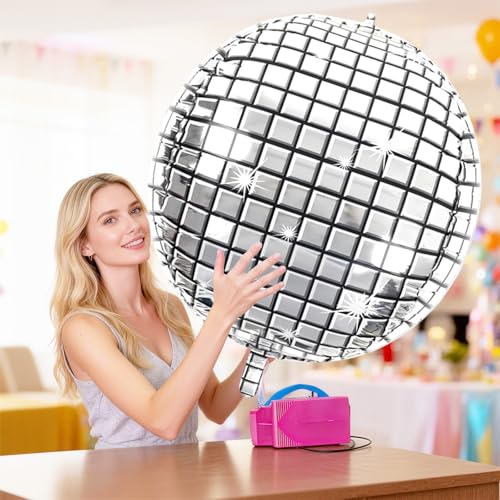 Image of Disco Ball Balloons 32 Inch 5 Pcs 4D Ball Balloons Metallic Silver Disco Mylar Balloon Chrome for Birthday Bachelorette 70s 80s 90s Themed Graduation Retro New Year Eve Prom Party Decorations