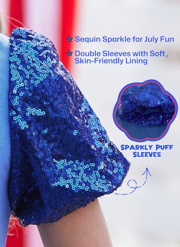 BesserBay Girls 4th of July Sequins Stars Shirt Stripes Puff Short Sleeves Top Shiny Crew Neck Blouse 6-14 Years4