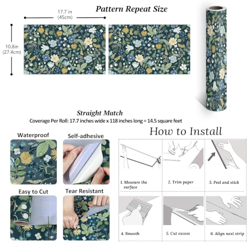 VEELIKE Navy Blue Floral Peel and Stick Wallpaper Cottage Core Botanical Wallpaper for Bedroom 17.7''x118'' Self Adhesive Contact Paper Removable Strawberry Flower Wall Paper for Bathroom Wall Shelves by VEELIKE - Used condition - Image 6