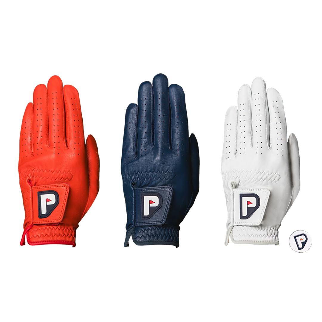 PUR3 Men's Cabretta Leather Golf Glove, Ultra Soft - 3 Pack (Red, Blue and White), with Ball Marker for Right Hand and Left Hand Golfers