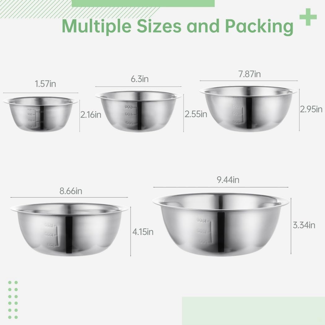 5-Piece Stainless Steel Nesting Mixing Bowls, Assorted Sizes, Compact Storage, Great for Baking, Cooking, Meal Prep, Picnics