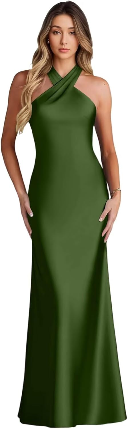 Halter Satin Bridesmaid Dresses for Women Long Formal Wedding Guest Dress with Bow Mermaid Prom Gowns 2026