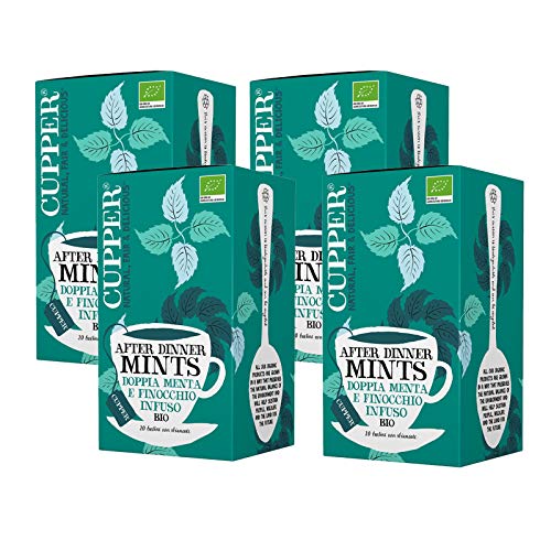 Cupper - Pack de 4 Cajas de 20 Bolsitas de Infusiones Ecológicas After Dinner Mints - Propiedades Digestivas - Contiene Hierbabuena, Jengibre y Semillas de Hinojo - Apto para Veganos