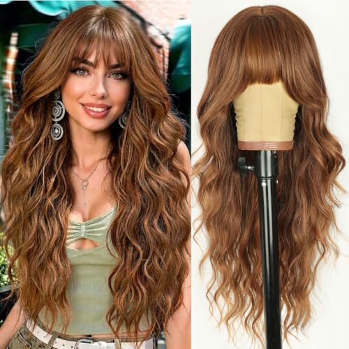 AISI HAIR Copper Brown Wig with Bangs Long Wavy Wig for Women 26 Inch