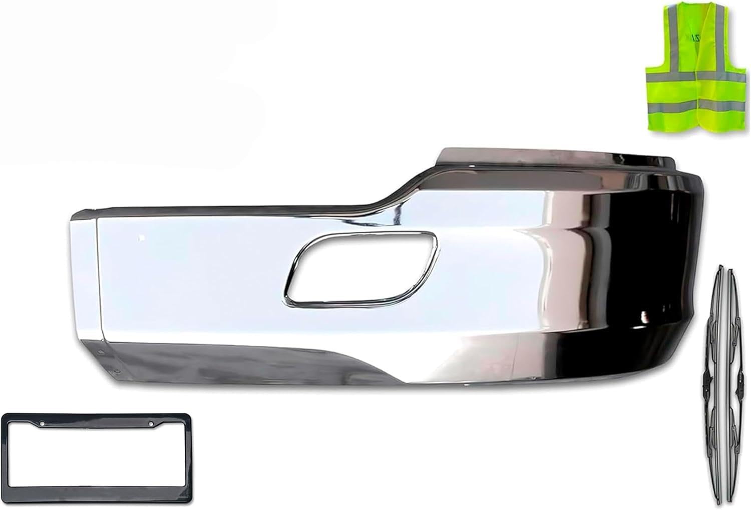 KOZAK Bumper Steel Chrome Extension Corner with Bracket, Left Driver Side Compatible with Kenworth T680, Includes 2x 22" Windshield Wipers, Logo, License Plate Frame, and Reflective Vest