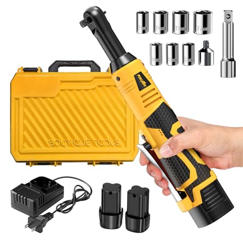Image of FULLYEA Cordless Electric Ratchet Wrench Set, 550RPM, 45Ft-lbs, 16.8V Extended cordless ratchet wrench 3/8, Power Ratchet with Variable Speed, 1/4" Adapter, 2 * 2.0Ah Battery and Fast Charger(Yellow)