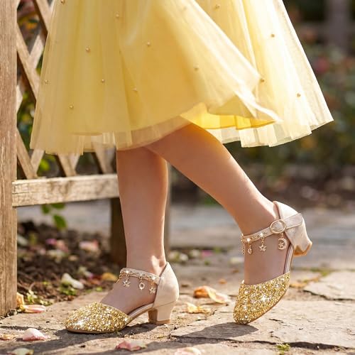 Image of Furdeour Girls Dress Shoes Princess Crystal High Heels Flower Girl Shoes