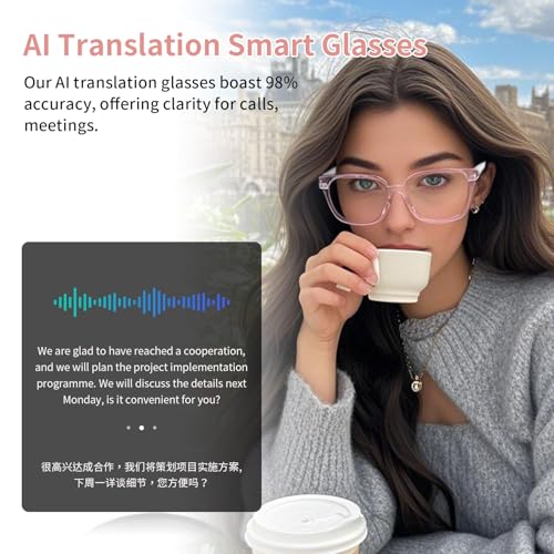 Image of AI Translation Glasses for Women, Clear Blue Light Glasses, Simultaneous Interpretation Eyeglasses for 110+ Languages, Real-Time Translation,Live Recording, Bluetooth Smart Glasses for Business /Travel