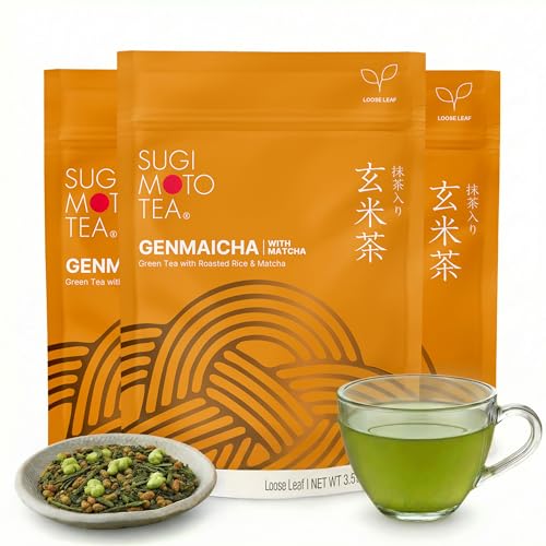 SUGIMOTO TEA Japanese Genmaicha with Matcha Green Tea Loose Leaf 3.5 oz (100 g) Pack of 3 SUGIMOTO TEA Japanese Genmaicha with Matcha Green Tea Loose Leaf 3.5 oz (100 g) Pack of 3