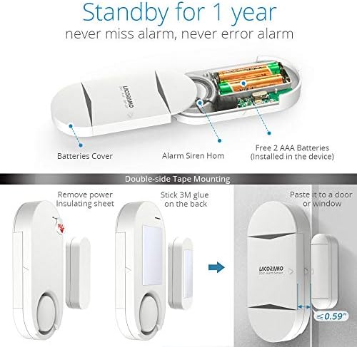 LACORAMO Door Alarm Sensor - Premium Quality - Wireless Magnetically Triggered Window Alarm, 130 db Siren Security Entry Burglar Alert with 2 Remote Controls for Protecting Kids Safety, Home, Shop