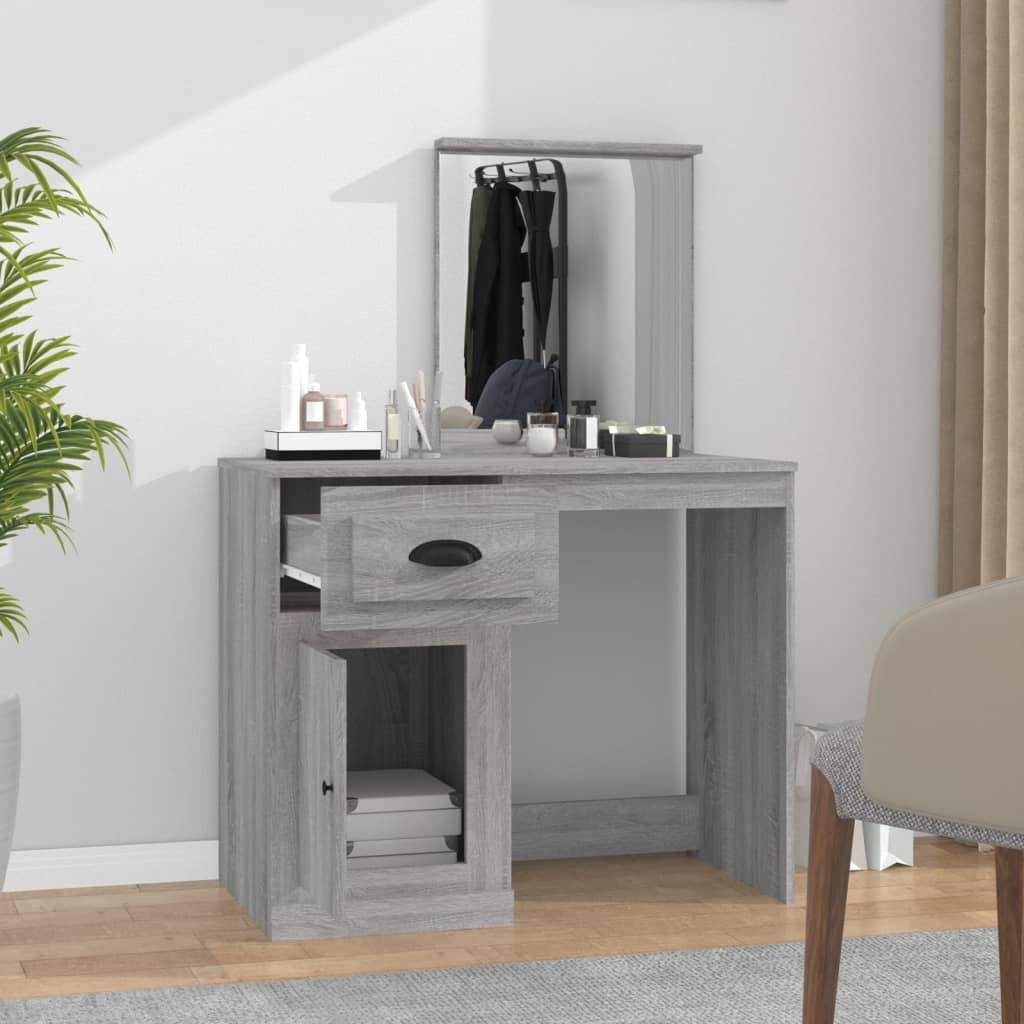 Schminktisch mit Spiegel Grau Sonoma 90x50x132,5 cm Holzwerkstoff Frisiertisch mit Schublade und Hocker Makeup Organizer, LED Beleuchtung