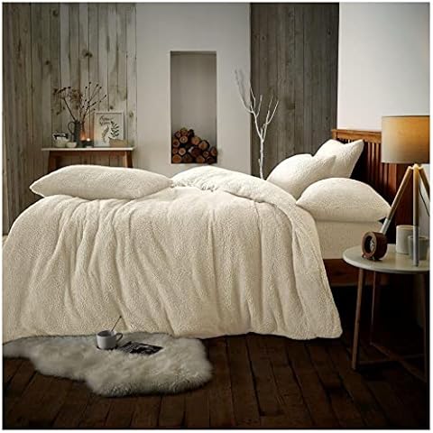 VELVETIO Teddy Bear Fleece Duvet Covers Set with Pillowcases, Super Soft Thermal Warm & Sherpa Plain Bedding Sets, Ease Care 100% Polyester Quilt Cover, 3 Piece King Bedset, Cream Cover