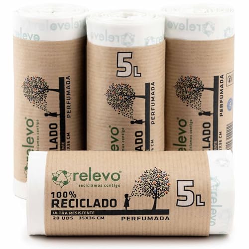 Relevo Bolsas de Basura Pequeñas Blancas con Autocierre – 5L (Ancho 35 cm x Alto 36 cm), 80 Bolsas (4 Rollos × 20 Bolsas) | Perfumadas y Extra Fuertes | 100% LDPE Reciclado | Certificado Blue Angel