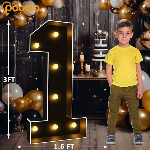 Image of Pooqla 3FT Marquee Light Up Numbers 1 for 1st Birthday Decorations | Black LED Marquee Numbers Party Backdrop, 3 Feet Large Mosaic Numbers 1st 16th 18th Anniversary Birthday Gift for Boys Men