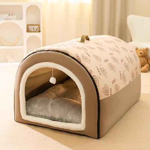 KryZaro全年対応 折りたたみ可能 ドーム型ペットハウス ブラウン (Sサイズ 35*30*30cm) 猫・犬用 小中大型犬対応 洗えるふわふわクッション付き 室内防滑ソファ型