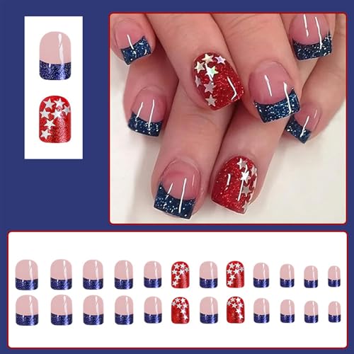 24Pcs Press on Nails - Blue Glitter French Tip Acrylic