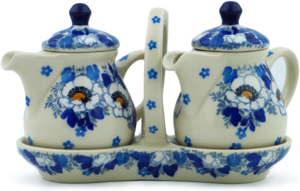 Polmedia Polish Pottery Authentic Polish Pottery Oil and Vinegar Seasoning Set in Blue Spring Flower Design Handmade in Bolesławiec Poland by Ceramika Artystyczna + Certificate of Authenticity