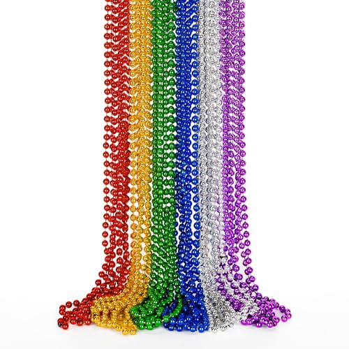 Image of EOBOH Mardi Gras Beads, 12PCS Bead Necklace Party Favors, Metallic 6 Kinds of 33 inch Beaded Necklaces Costumes Stuff, Festival Parade Throw Accessory Sets for Mardi Gras Celebrations Decorations