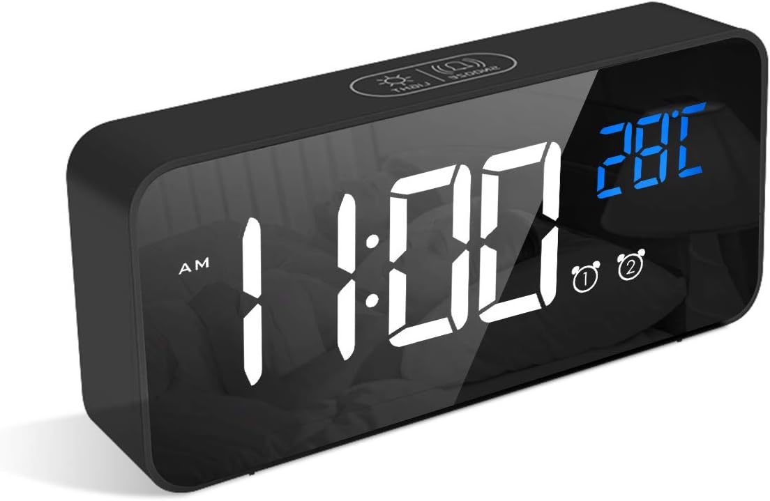 LATEC Digital Alarm Clock with Big LED Temperature Display, Bedside Clock with 10 Alarm Sounds, 4 Levels Adjustable Brightness Dimmer, Snooze,with Dual Alarm