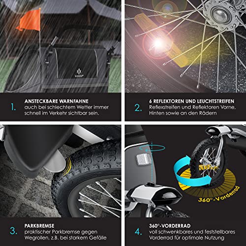 KESSER® Kinderanhänger Fahrradanhänger 360° Drehbar mit Federung 2in1 Joggerfunktion Kinderfahrradanhänger + 5-Punkt Gurt Jogger Fahrrad Anhänger für 1 bis 2 Kinder max. 40kg Inkl. Warnfahne, Schwarz