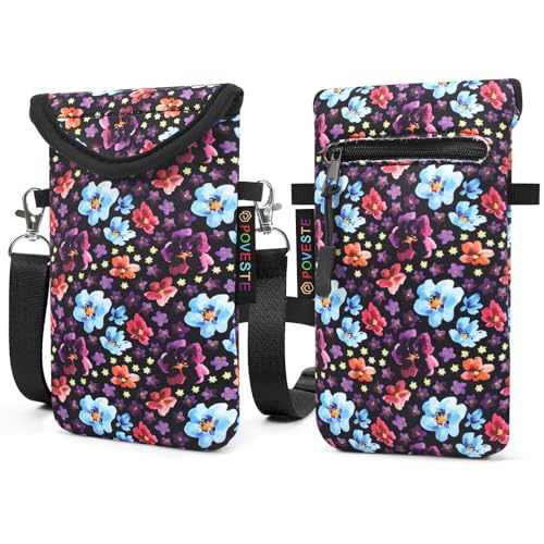 Image of POVESTE Neoprene Cell Phone Sleeve Pouch Case Bag with Crossbody Strap Lanyard for Women, Flap Closure Secure Cell Phone Bag with Pocket for Cards, Cash. (Purple Garden)