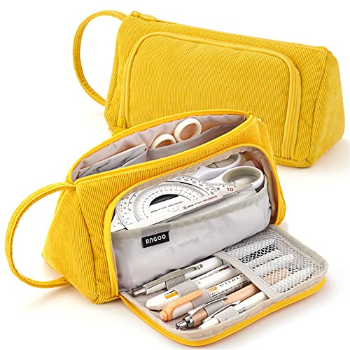 Trousse à crayons grande capacité porte-crayon trousse à crayons trousse de maquillage organisateur de rangement de papeterie avec poignée pour fournitures scolaires et bureau femmes fille (jaune) Cover