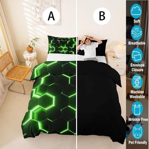 Housse de couette géométrique super king size parure de lit motif hexagonal vert fluo - 4