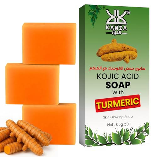 KANZA - 3Pcs Kojic Acid Turmeric Soap Set for Face & Body Handmade Ayurvedic Turmeric Kojic Acid Facial Soap for Acne Dark Spot Remover Face Cleansing Smooth Skin Moisturizing Soaps 3 x 65g