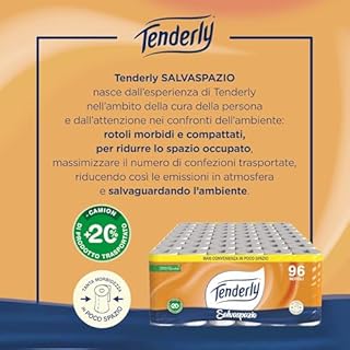 Tenderly Salvaspazio, 96 Rotoli di Carta Igienica, 2 Veli, 220* Strappi per Rotolo, con Estratti Naturali di Malva e Calendula, Dermatologicamente Testato