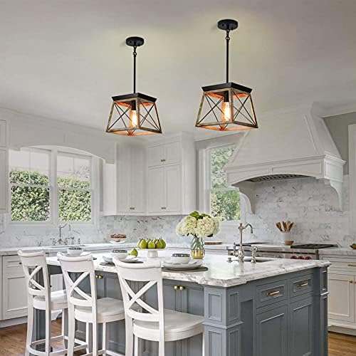 Ganeed Farmhouse Pendant Light Metal Cage with Wooden Finish,1-Light Rustic Lantern Chandelier,Adjustable Height Hanging Light Fixture for Kitchen Island Dining Room Bedroom Foyer