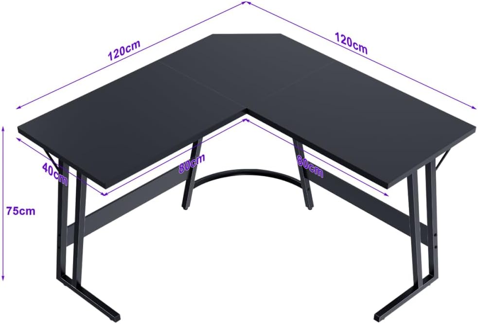 Diagram showing the dimensions of the L-shaped desk: 120cm length on both sides, 75cm height, and 40cm depth for the main sections.