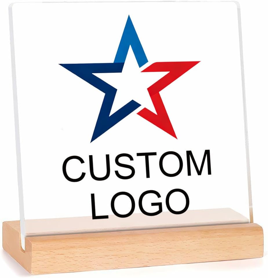 Custom Acrylic Sign with Wooden Stand, Personalized 2D Minimalist Transparent Acrylic Plaque, DIY Custom Text Logo Display Frame, All-Season Desktop Decor for Business, Store, Front Desk, Indoor Outdo