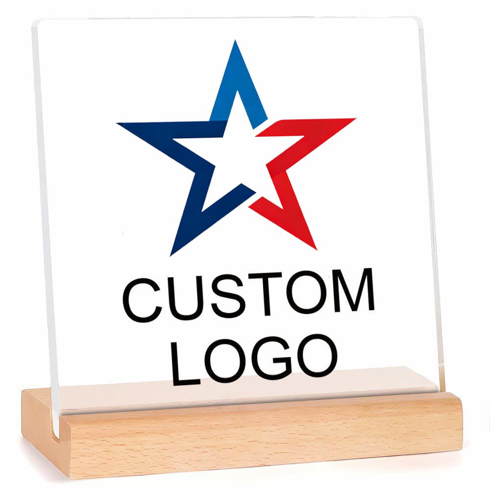 Custom Acrylic Sign with Wooden Stand, Personalized 2D Minimalist Transparent Acrylic Plaque, DIY Custom Text Logo Display Frame, All-Season Desktop Decor for Business, Store, Front Desk, Indoor Outdo