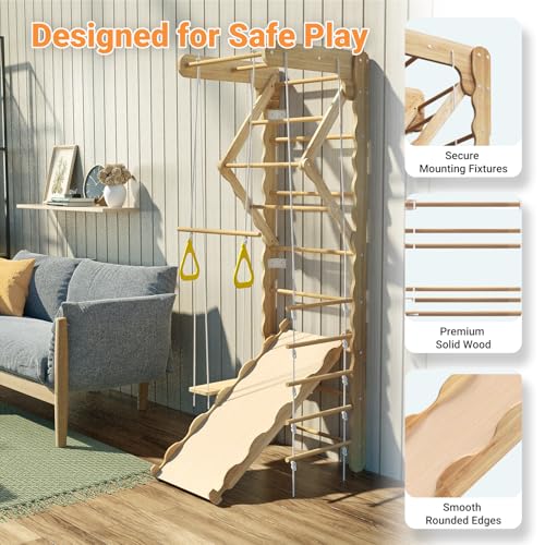 Image of 5-in-1 Wooden Indoor Jungle Gym for Kids, Wall-Mounted Swedish Ladder with Pull-Up Bar, Rings, Swing, and Slide - Montessori-Inspired Kids Playset for Fun & Development, Ages 3-8