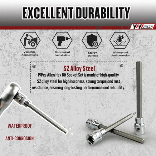 Image of YIYITOOLS 19pcs Extra Long Hex Bit Socket Set, 3 /8 Inch Drive Allen Hex Bit Socket Set, S2 Alloy Steel, SAE (1 /8 Inch - 3 /8 Inch) and Metric (3-12mm),Heavy Duty Cr-V Sockets Set