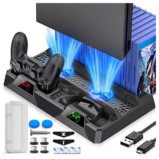 PS4 Stand, PS4 Cooling Stand for PS4/ PS4 Slim/ PS4 Pro Console, PS4 Cooler with Playstation 4 Controller Charger, Playstation 4 Accessories Include 16 PS4 Game Holder and Dual PS4 Controller Charger