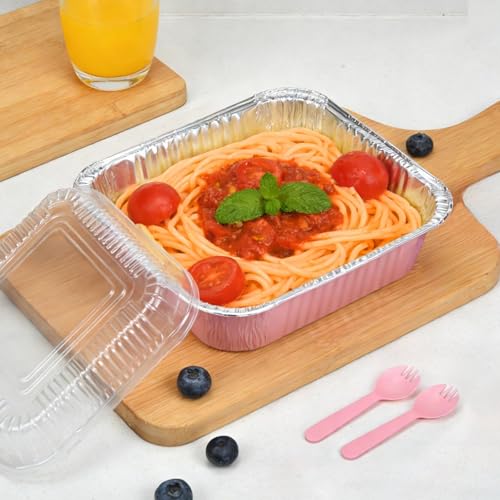(35-Pack) Pink 8x8 Inch Disposable Aluminum Pans with Plastic Lids,Stickers and Cake Spoons,Square Cake Pans for Parties,Baking Trays,Foil Pans for Holiday Cooking, Parties Meal Prep, Storage by Benestanti - Image 2