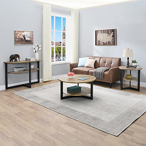 35.3" Round Coffee Table With 2-Tier Storage, Farmhouse Living Room Cocktail Table With Black Metal Leg, Solid Wood Industrial Sofa Center Table,Easy Assembly, Rustic Natural Kfz1338 #TOP3