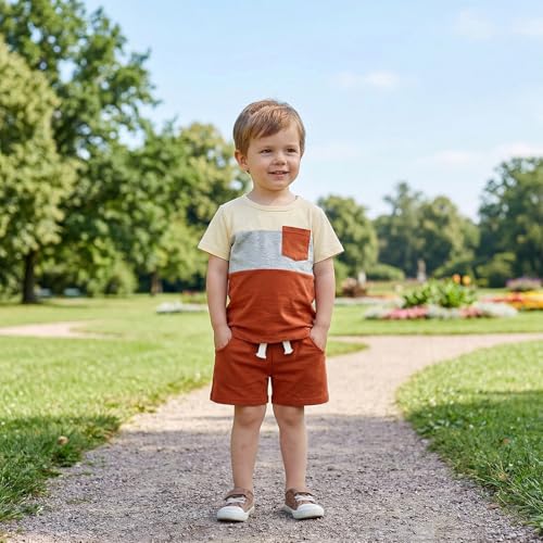 Image of Toddler Boy Clothes Baby Summer Outfit Patchwork Tee Shorts 12M-4T | Soft Patchwork Tee, Pocket Shorts With Stretch Waistband, Breathable For Summer Play, Machine Washable
