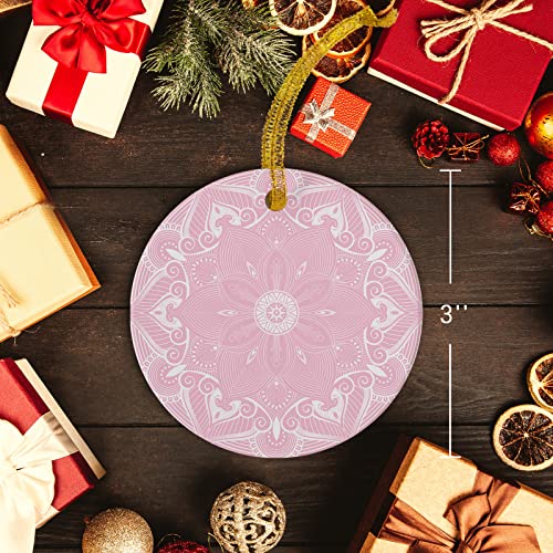 Decorative Hanging Ornaments, Geometric Pattern Pink Mandala Flower Pattern Round Ceramic Ornament Hanging Sign With Ribbon,For Home Decor, 1 Pcs, 3" #TOP3